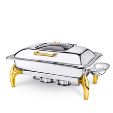 Glass Lid Rectangular Chafing Dish with Stand WL‑591.330.130/H (OLD: 559923), Color: Gold, Centimetres: 58.5 x 45.5 x 31