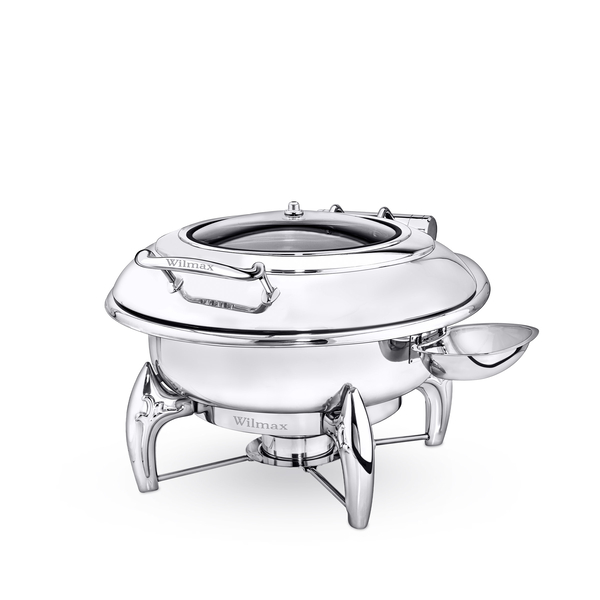 Glass Lid Round Chafing Dish with Stand WL‑591.310.110/H (OLD: 559911), Color: Silver, Polish: Mirror, Centimetres: 44 x 52 x 33, Mililiters: 6000