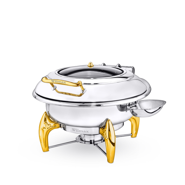 Glass Lid Round Chafing Dish with Stand WL‑591.310.130/H (OLD: 559921), Color: Gold, Polish: Mirror, Centimetres: 44 x 52 x 33, Mililiters: 6000