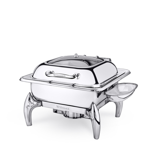 Glass Lid Square Chafing Dish with Stand WL‑591.320.110/H (OLD: 559912), Color: Silver, Polish: Mirror, Centimetres: 41 x 45.5 x 33
