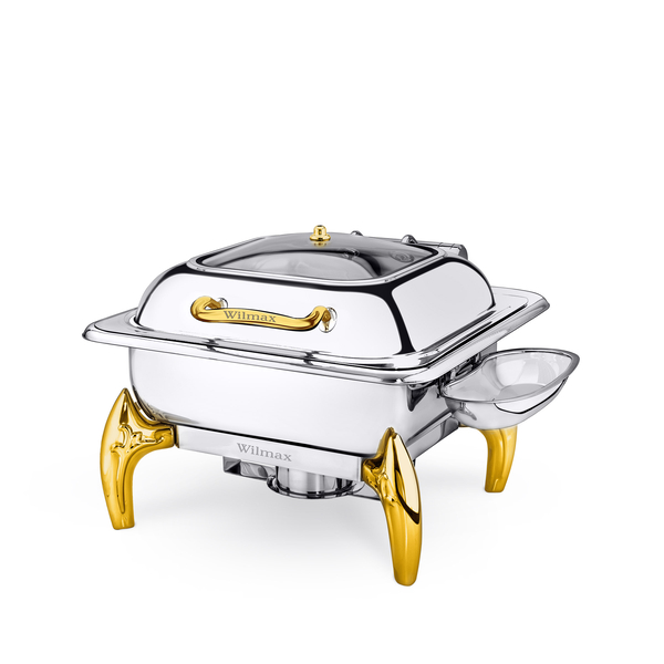 Glass Lid Square Chafing Dish with Stand WL‑591.320.130/H (OLD: 559922), Color: Gold, Polish: Mirror, Centimetres: 41 x 45.5 x 33