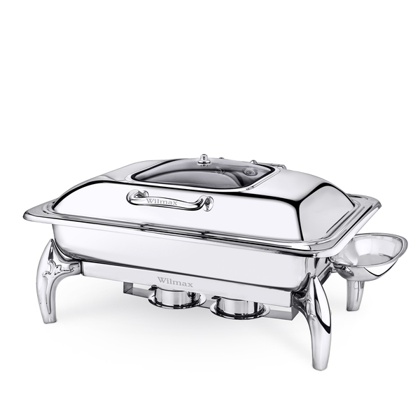 Glass Lid Rectangular Chafing Dish with Stand WL‑591.330.110/H (OLD: 559913), Color: Silver, Polish: Mirror, Centimetres: 58 x 45.5 x 32