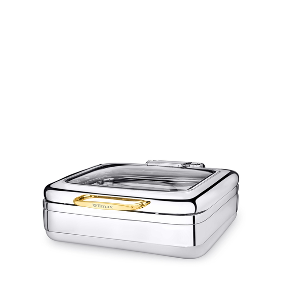 Glass Lid Square Chafer with Induction Bottom WL‑591.550.130/H, Color: Gold, Polish: Mirror, Centimetres: 40 x 48 x 16.5