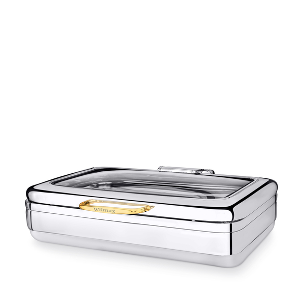 Glass Lid Rectangular Chafer with Induction Bottom WL‑591.560.130/H, Color: Gold, Polish: Mirror, Centimetres: 58 x 49.5 x 17.5